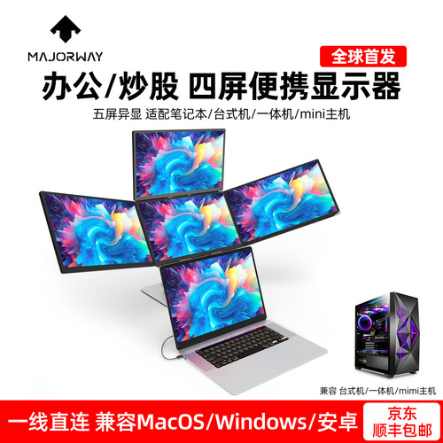 四屏炒股专用多屏显示器笔记本一线通外接显示器可折叠自带支架