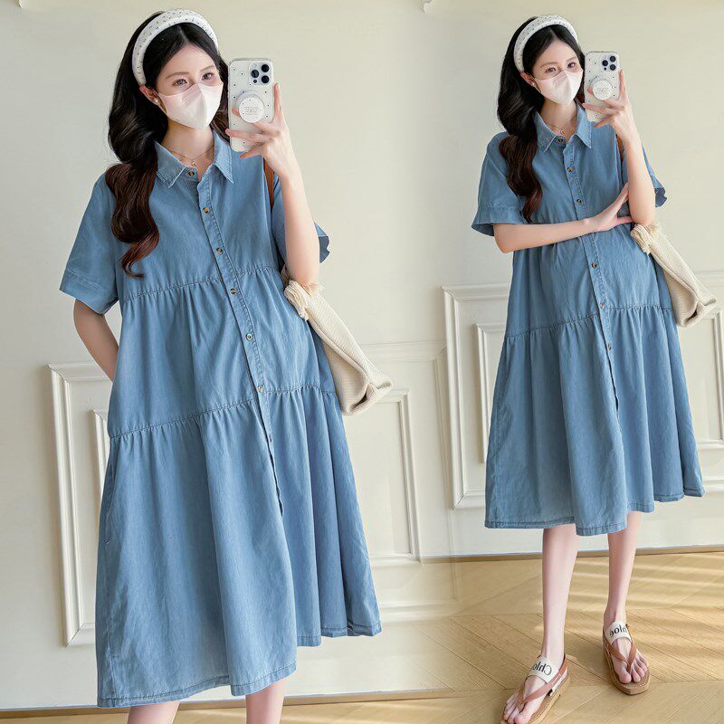 2025孕妇装夏装高级感大码宽松显瘦遮肚牛仔裙夏季薄款休闲连衣裙