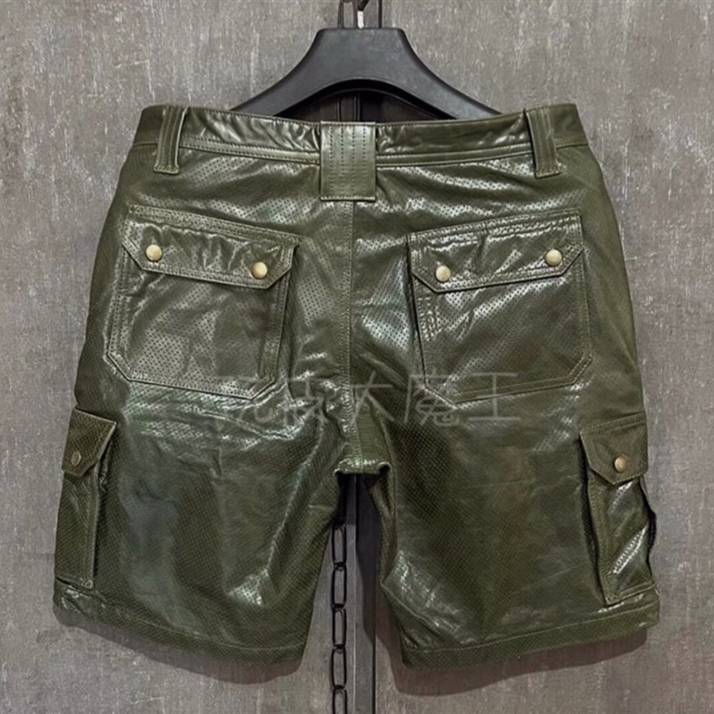 复古绿蜡染牛皮工装短裤阿美咔叽真皮五分裤男士真皮夏季机车皮裤