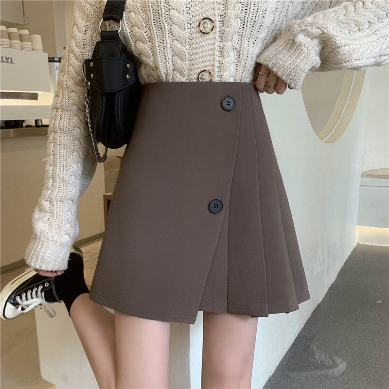 咖色西装半身裙女秋冬大码不规则高腰遮肚显瘦a字短裙胖mm百褶裙