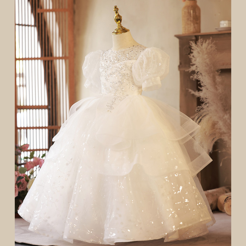 儿童礼服高端女童白色婚纱花童生日公主裙小女孩主持人钢琴演出服