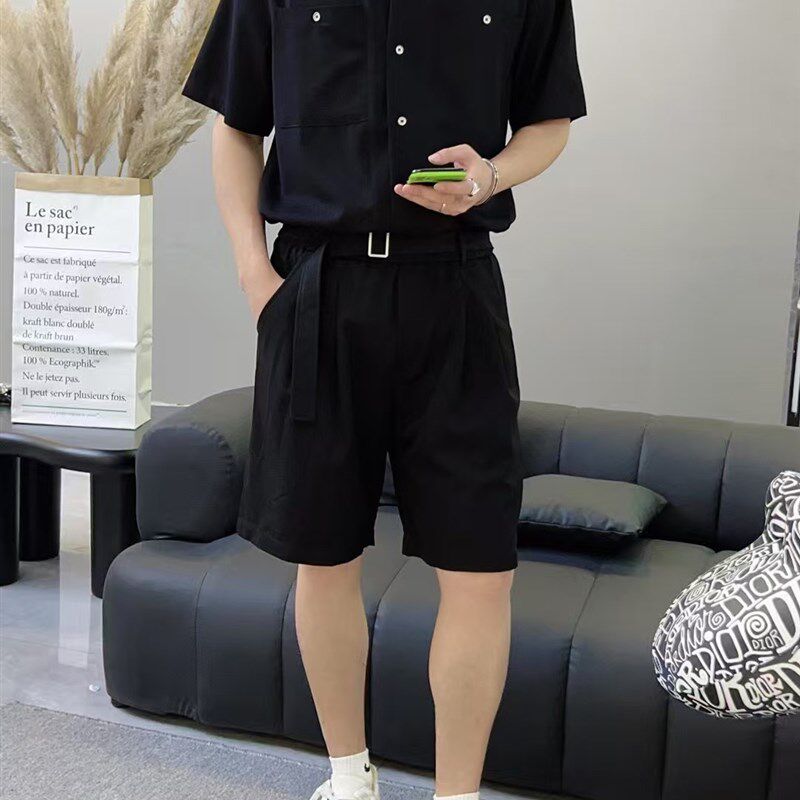时尚休闲百搭衬衫短袖套装2025夏季新款男士简约黑色短裤两件套潮