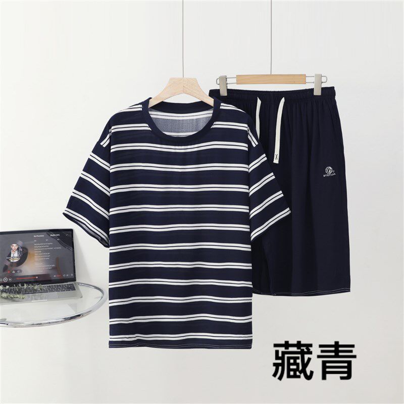 夏季簿款男士休闲斜纹棉绸圆领条纹短袖短裤高腰人造棉大码套装