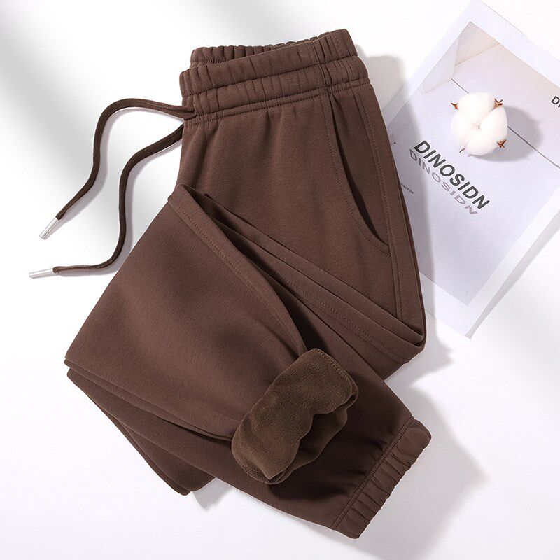 高端复古文艺咖棕色加绒加厚束脚卫裤子女冬季宽松百搭休闲运动裤