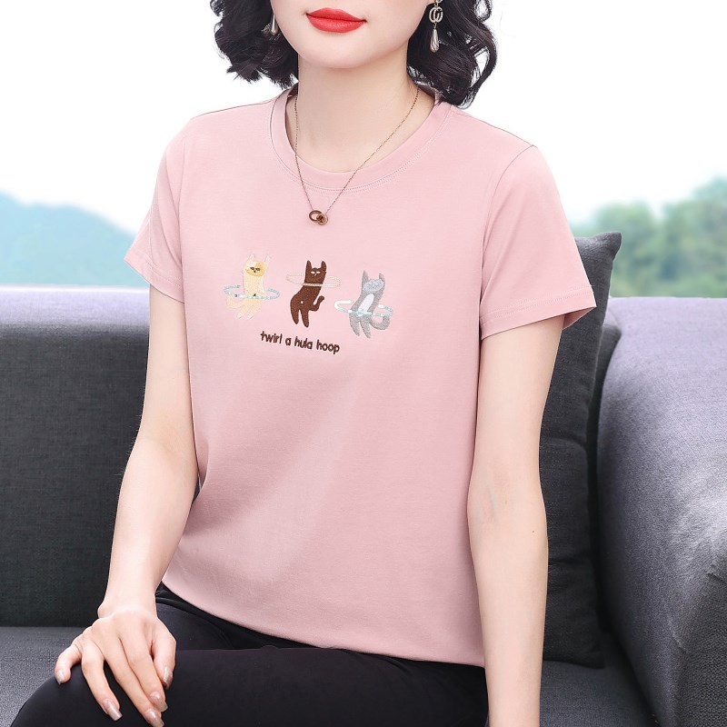 妈妈短袖t恤女 新款2025夏装减龄纯棉衣服半袖体恤中老年宽松上衣