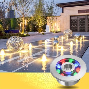 led不锈钢喷泉灯假山泳池水下灯七彩圆形涌泉灯中孔嵌入式水底灯