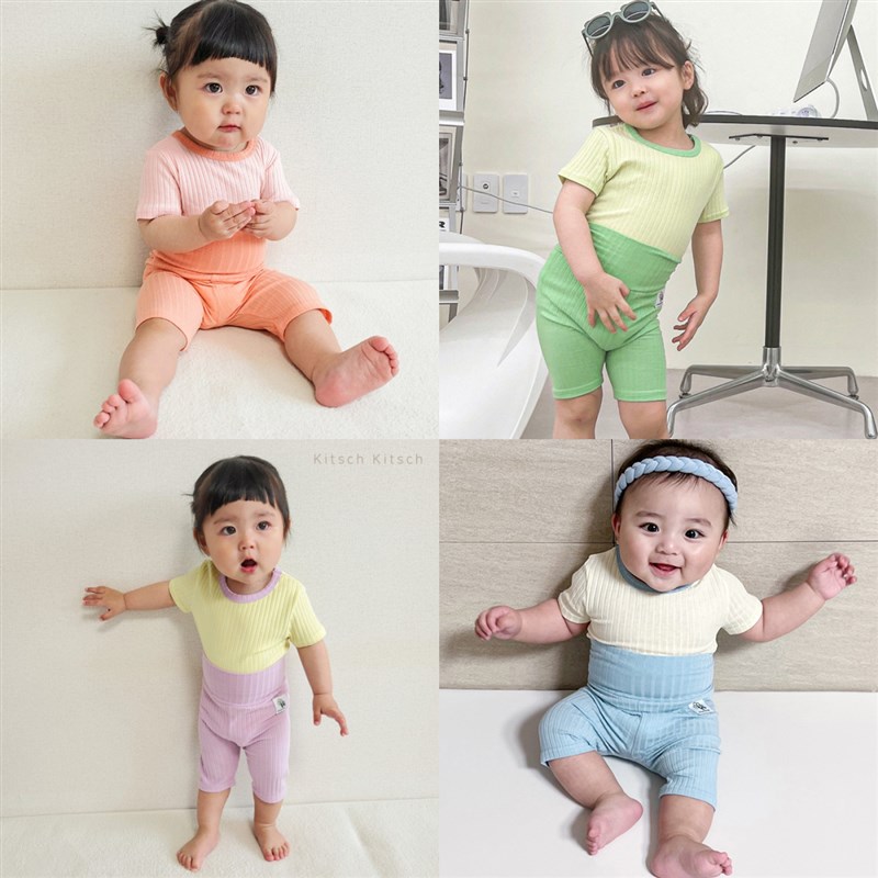 韩国婴幼童装糖果撞色坑条弹力修身短袖家居服套装高腰护肚打底裤