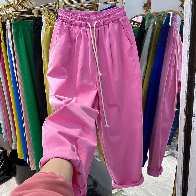 纯棉薄款休闲裤女春夏直筒裤百搭大码宽松阔腿哈伦裤松紧腰九分裤