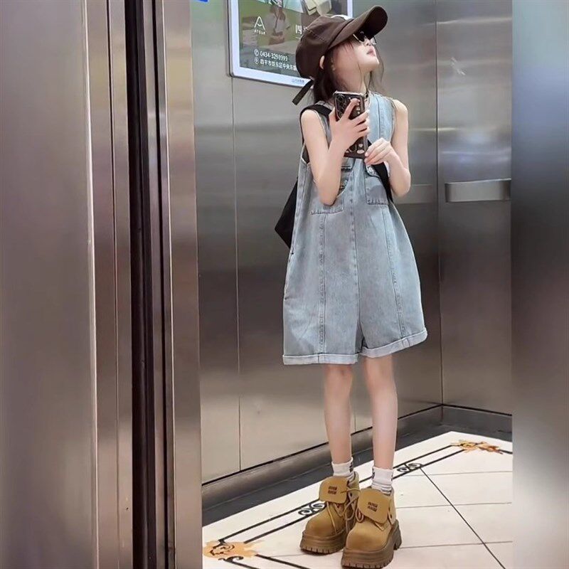女童夏季薄款复古做旧高级感工装无袖牛仔连体短裤时尚显瘦百搭潮