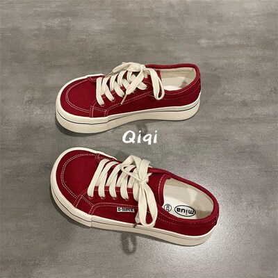 七七主人家 鞋子女2023新款大红色帆布鞋女鞋R复古丑萌大头板鞋