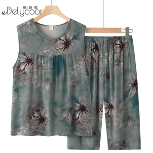 T恤奶奶宽松夏天中老年女装 洋气无袖 背心两件套 夏季 妈妈棉绸套装