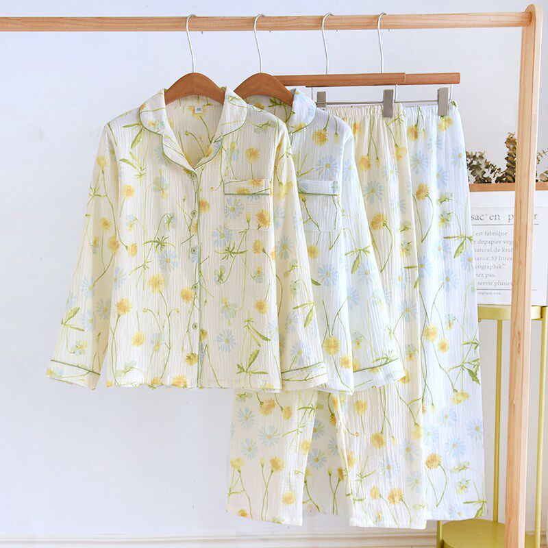 日系睡衣女春秋夏季薄款纯棉麻绉布纱布加大O码长袖长裤家居服套