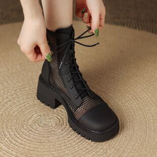 2023新款夏季马丁靴小众设计感女粗跟厚J底透气网纱网靴镂空靴子