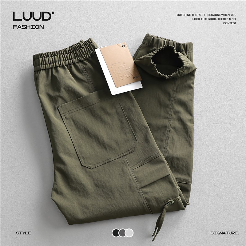 LUUD 潮流机能风工装裤男复古直筒束脚长裤松紧腰抽绳多口袋裤子