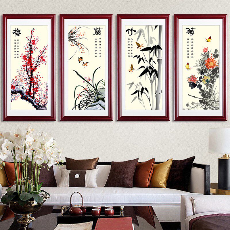 新中式装饰画客厅沙发墙画茶楼壁画 实木有M框画书房挂画梅兰竹菊
