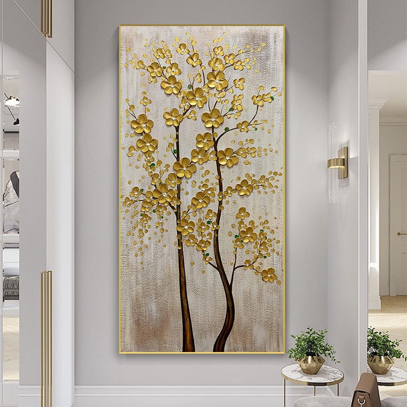 纯手绘金色发财树装饰画进门入户玄关画轻奢餐厅客厅走廊过道挂画图片