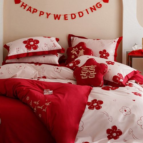 浪漫100支双面婚庆长绒棉四件套印花刺绣结婚大红色被套床上用品