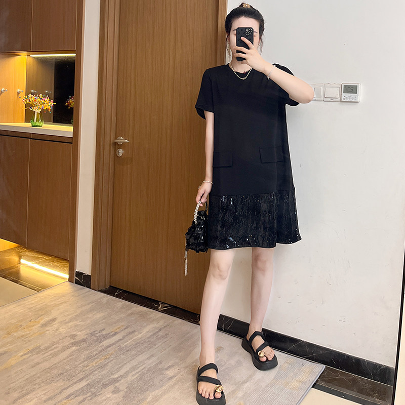 黑色短袖T恤连衣裙女夏2024新款假两件设计感宽松亮片裙大码胖mm