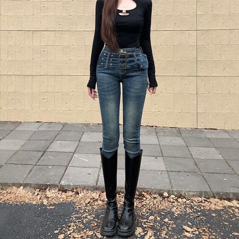 李李服饰高腰弹力宽腰带小脚裤女2025春季新款修身显瘦牛仔长裤