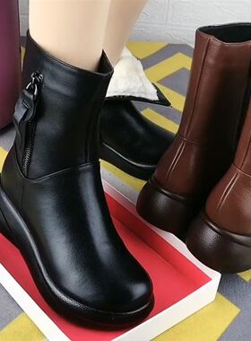 中筒靴女真皮2021新款冬季加绒马丁靴大K棉女靴松糕厚底短靴妈妈