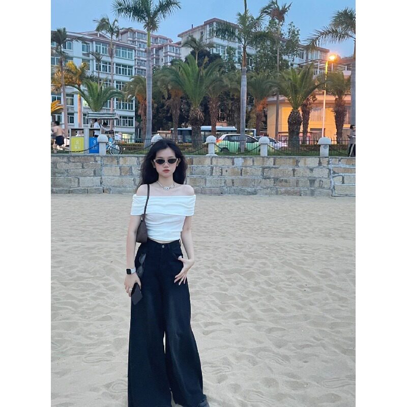 辣妹一字肩白色短袖t恤女夏2025新款短袖打底衫修身短款露肩上衣