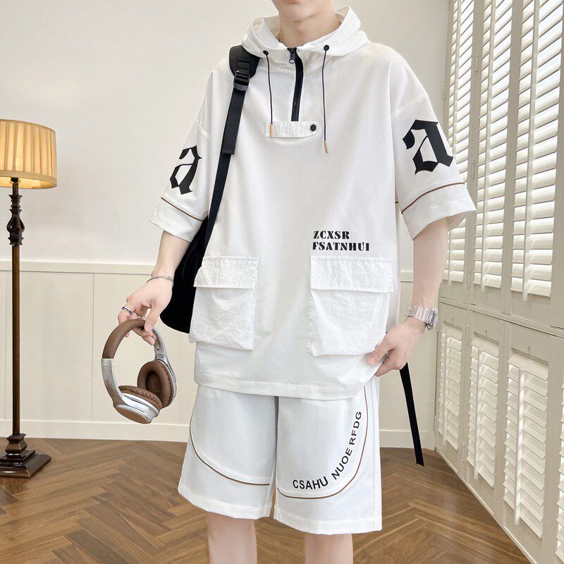 休闲运动套装男夏季新款潮流连帽卫衣青年大码宽松上衣裤子两件套