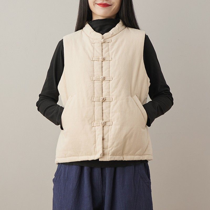 中国风复古盘扣棉麻坎肩加厚棉背心夹棉马甲女冬外穿中式短裤马夹