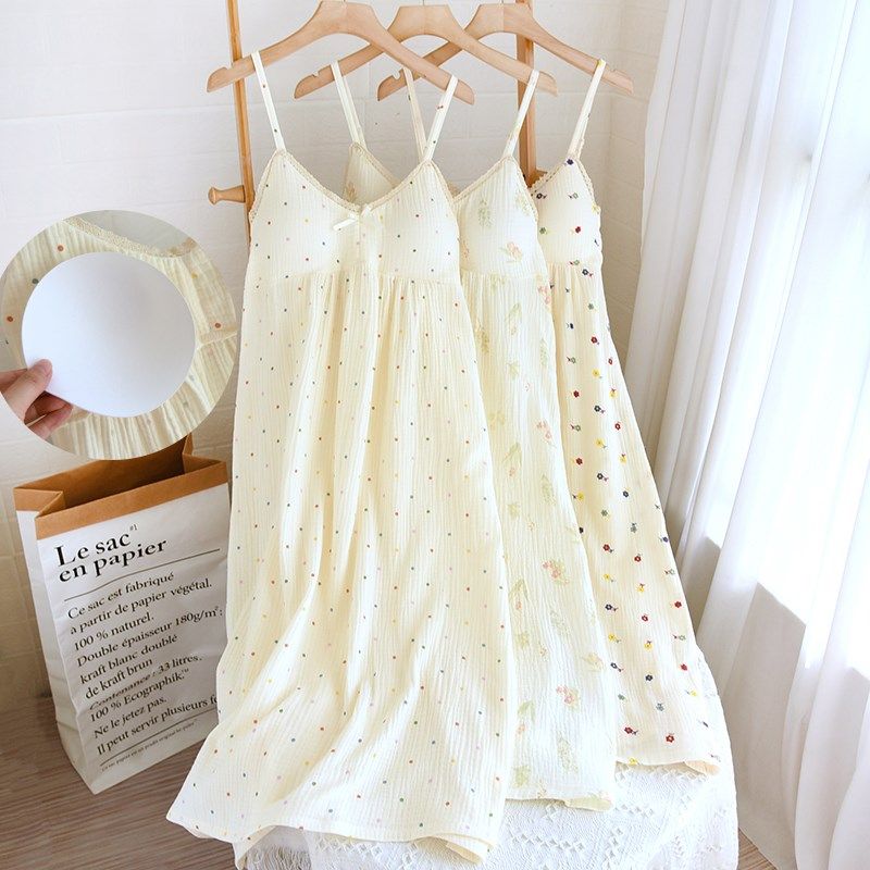 孕妇吊带连衣裙纯棉纱布带胸垫免文胸睡裙居家大码哺乳裙可外穿夏