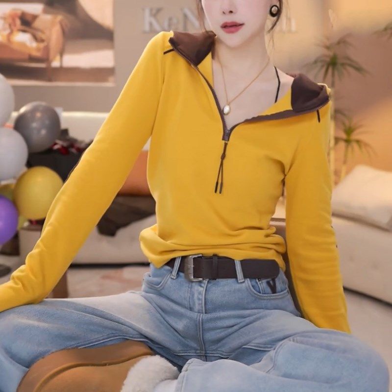 撞色半拉链连帽T恤女2024冬季新款加绒加厚修身显瘦长袖打底上衣