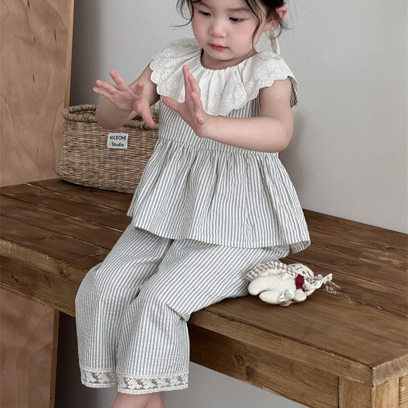 儿童花边领条纹套装2025夏季新款女童洋气无袖薄款上衣裤子二件套