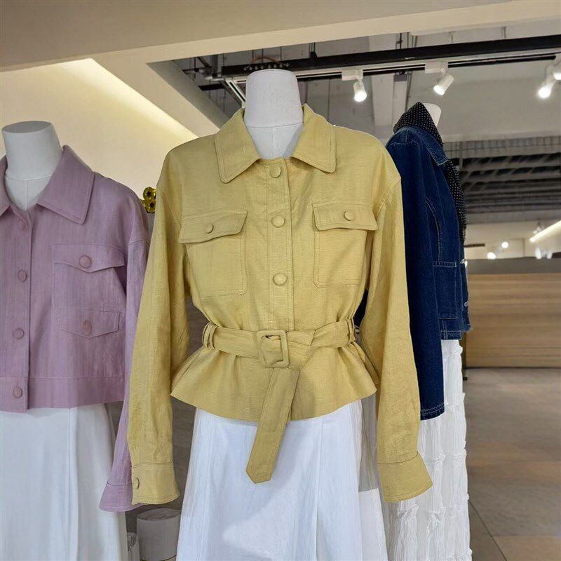 8090服饰B25207-1韩版时尚翻领单排扣亚麻短外套女春宽松显瘦上衣