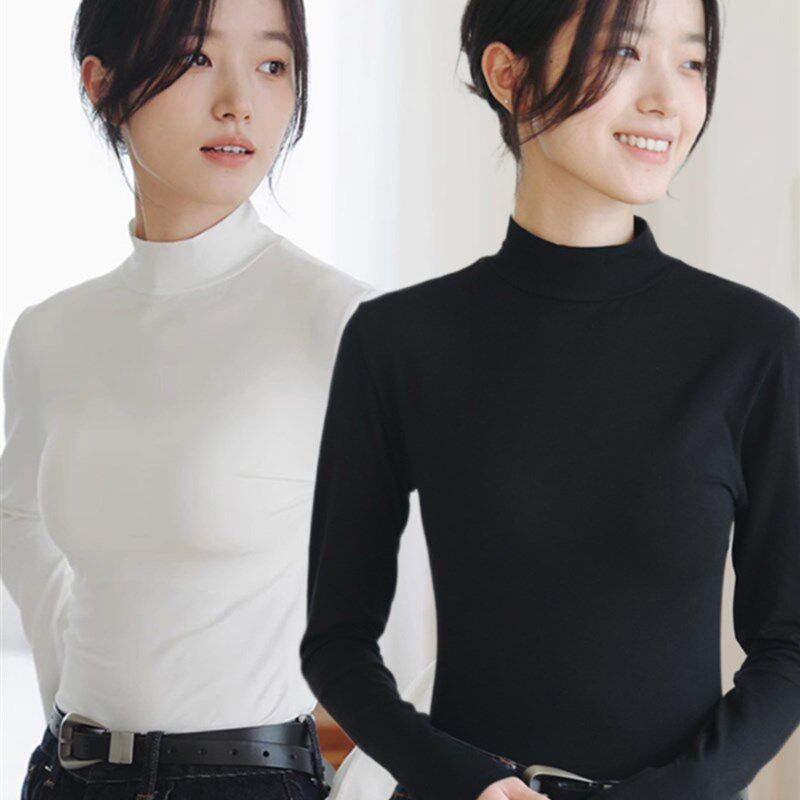 U衣半高领打底衫女春秋内搭2025年纯棉白色中领立领长袖t恤衫上衣