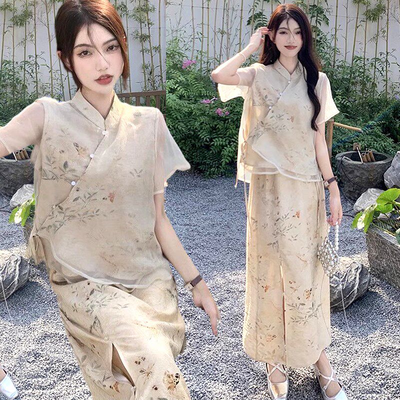 新中式国风旗袍裙两件套装连衣裙外套上衣短袖衬衫t恤纱衣半身裙