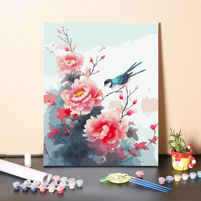 数字油画diy填充牡丹花和喜鹊中式客厅装饰手工填色油彩丙烯画画