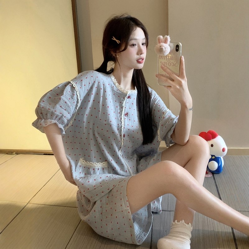 韩版蕾丝波点棉纱睡衣女款夏甜美圆领宽松开衫短袖短裤家居服套装