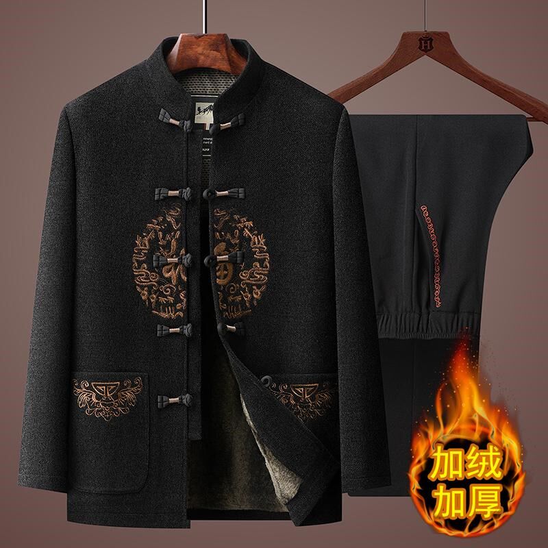 唐装男加绒保暖爸爸棉衣套装中老年中国风爷爷生日中山装汉服棉袄
