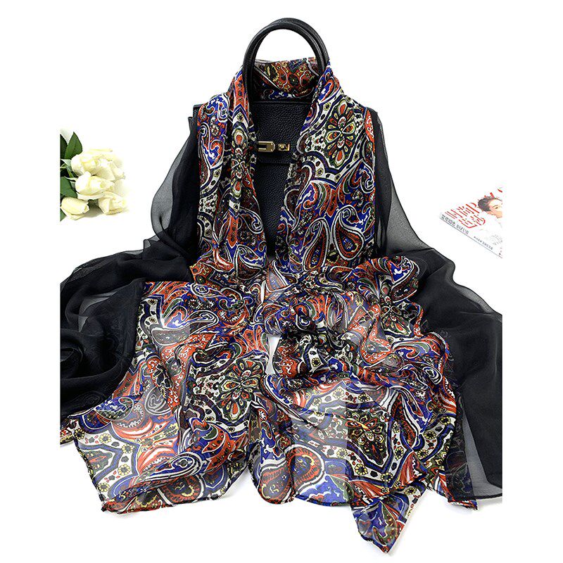 丝巾女士 雪纺拼色围巾装饰 大长方形沙滩巾披肩春秋夏轻薄腰果花