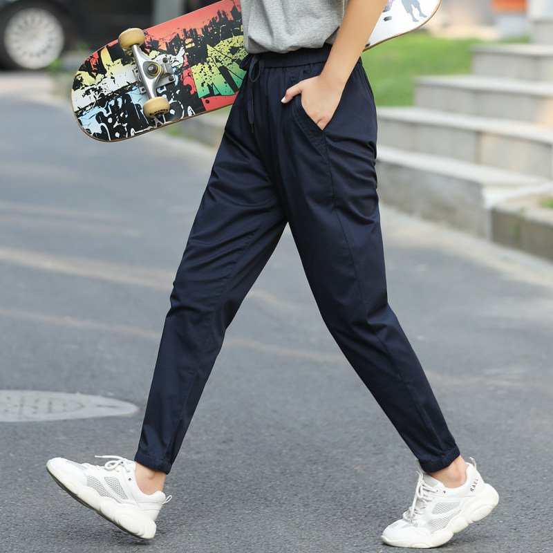 藏蓝色裤子女夏季薄款哈伦工装裤女小个子束脚运动休闲裤九分萝卜