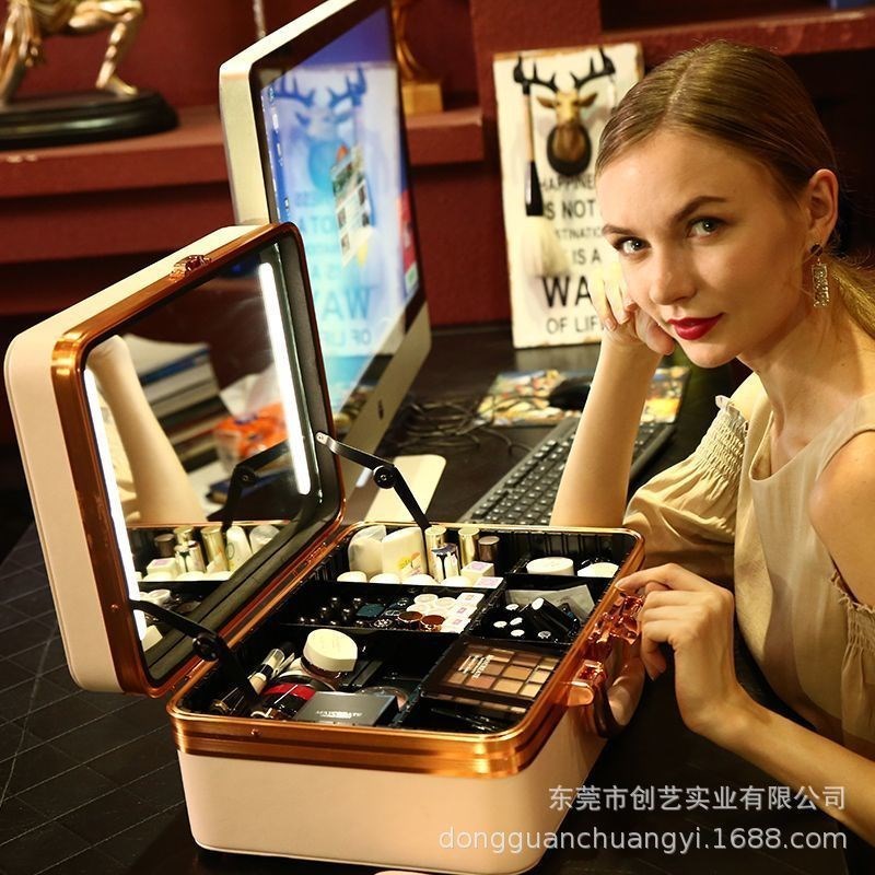 2025新款化妆箱带镜子灯女手提专业跟妆师大容量彩妆化妆包收纳包