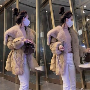 欧货2025冬季新款韩版时尚天使之翼大毛领中长款收腰羽绒服女外套