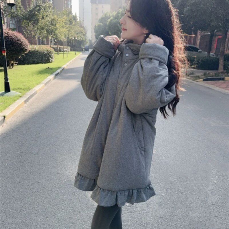 新款加厚保暖甜美可爱连帽棉服300g新疆棉中长R裙宽松显瘦家居