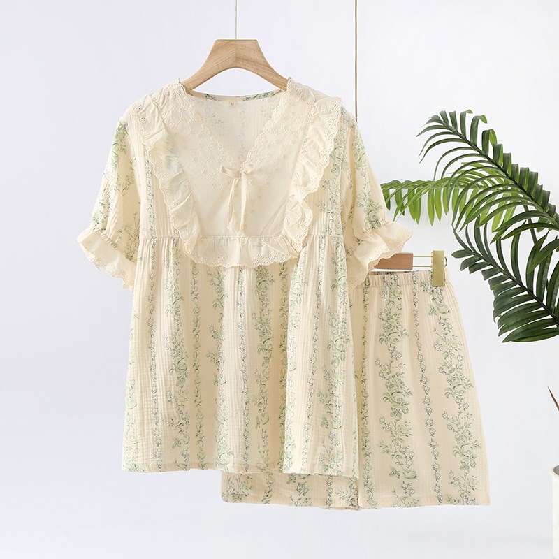 夏季纯棉纱布女睡衣薄款日系蕾丝花边短袖短裤甜美公主家居服套装