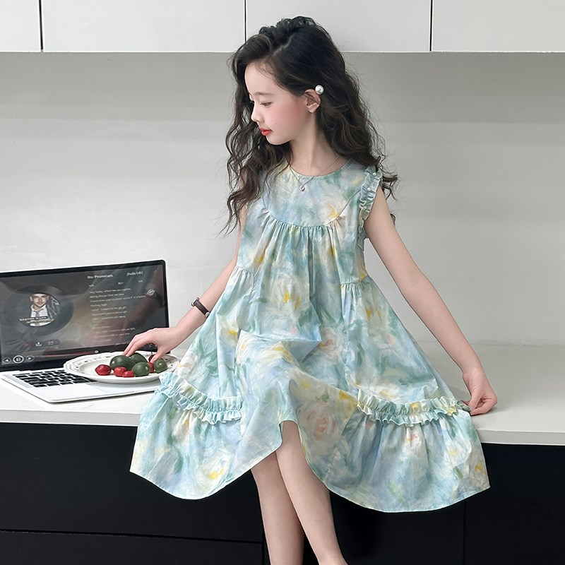 女童连衣裙夏装2025新款儿童裙子夏季薄款大童纯棉碎花背心公主裙