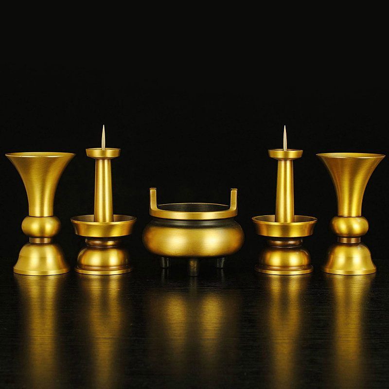 纯铜五供庙奉香炉烛台花瓶套装家用佛前供件财神爷寺摆佛具用品
