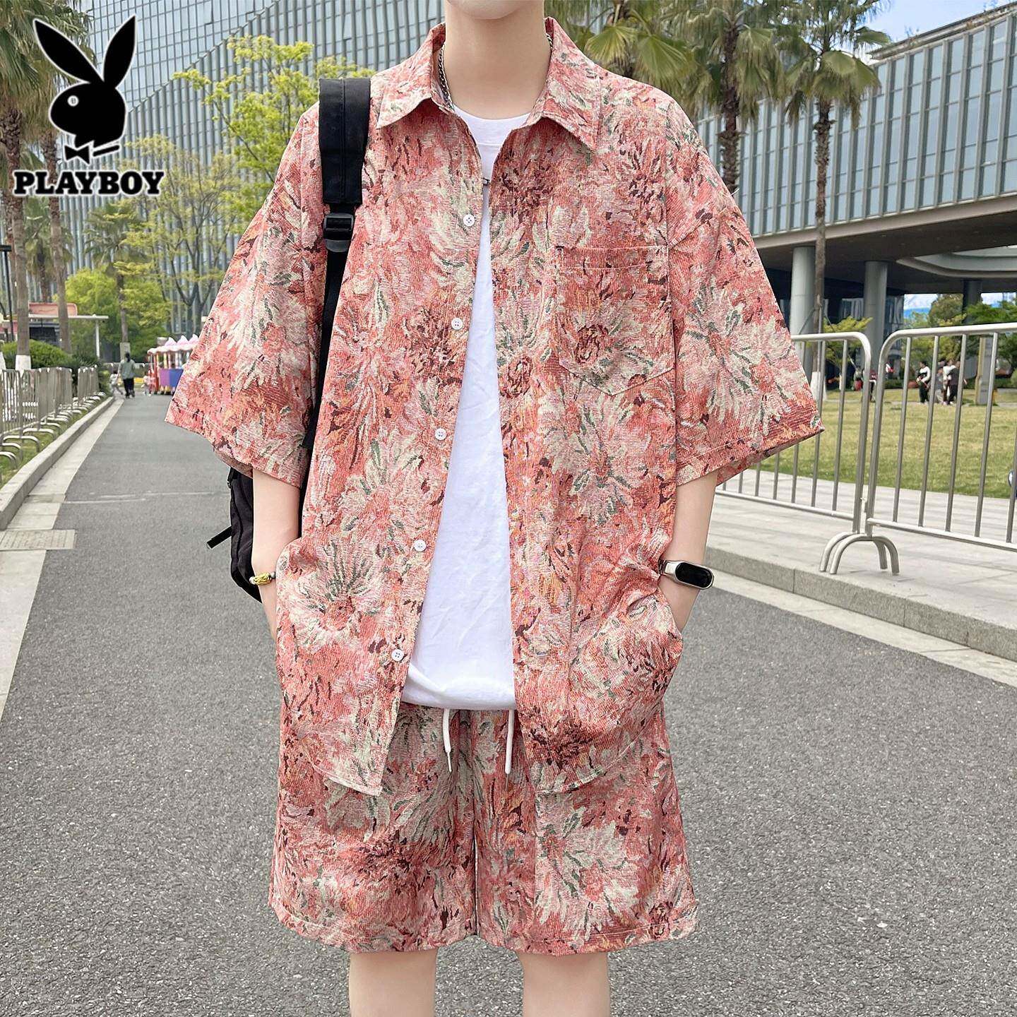 花花公子运动套装男士夏季薄款印花短袖衬衫搭配青少年休闲一套男