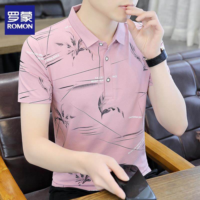 罗蒙男士冰丝短袖t恤夏季薄款翻领polo衫韩版印花潮流体恤上衣服