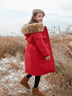 女童羽绒服中长款 欧洲新款 洋气中大童儿童装 冬装 冬大毛领 2022新款