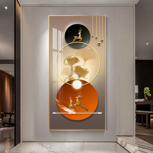 轻奢入户玄关装饰画进门客厅走廊过道挂画新款杏叶麋鹿竖版墙壁画