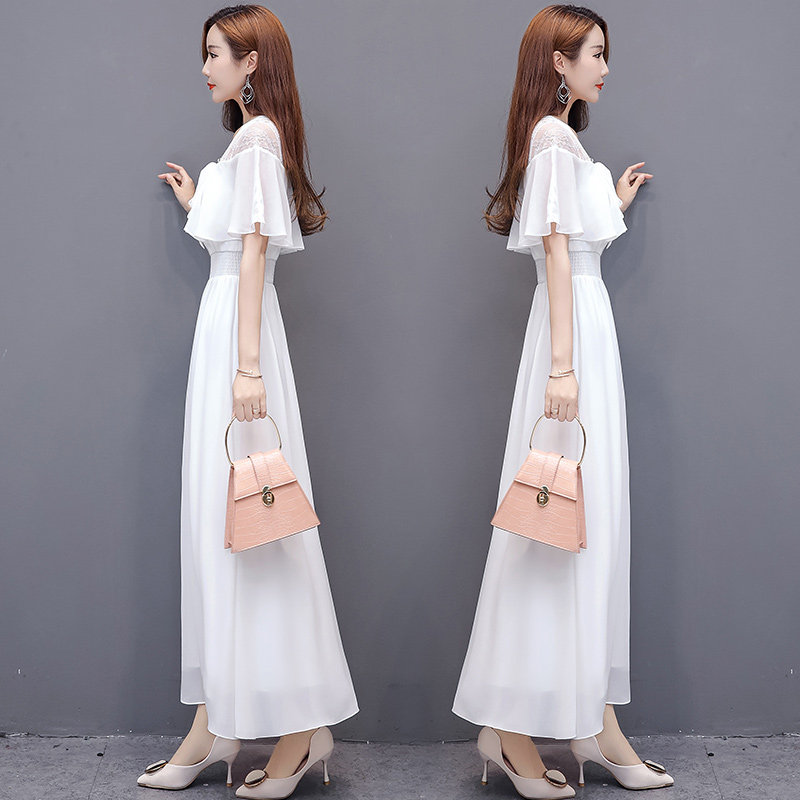 白色雪纺连衣裙长款修身显瘦蕾丝裙子2021新款沙滩裙v领长裙女夏