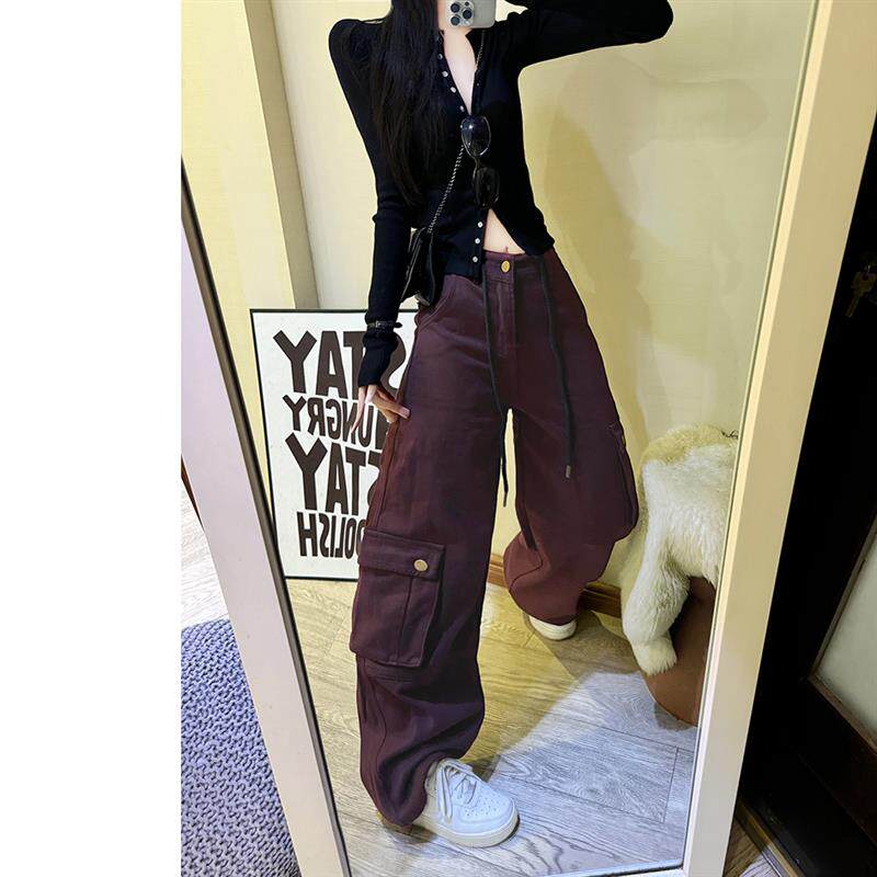 加绒加厚牛仔裤女2024冬季新款街头个性口袋工装裤女直筒阔腿裤子